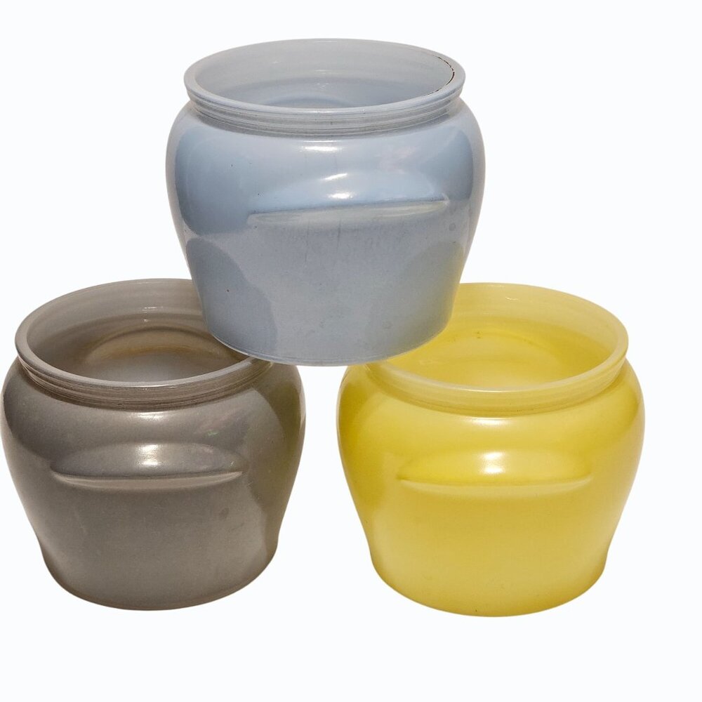 Vintage Glasbake Honey Whip Jars Pots -  Blue Yellow  Gray Lot of 3 NO LIDS - Picture 6 of 12